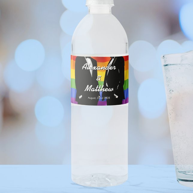 Elegant Modern Gay Men Wedding Rainbow Water Bottle Label (Creator Uploaded)