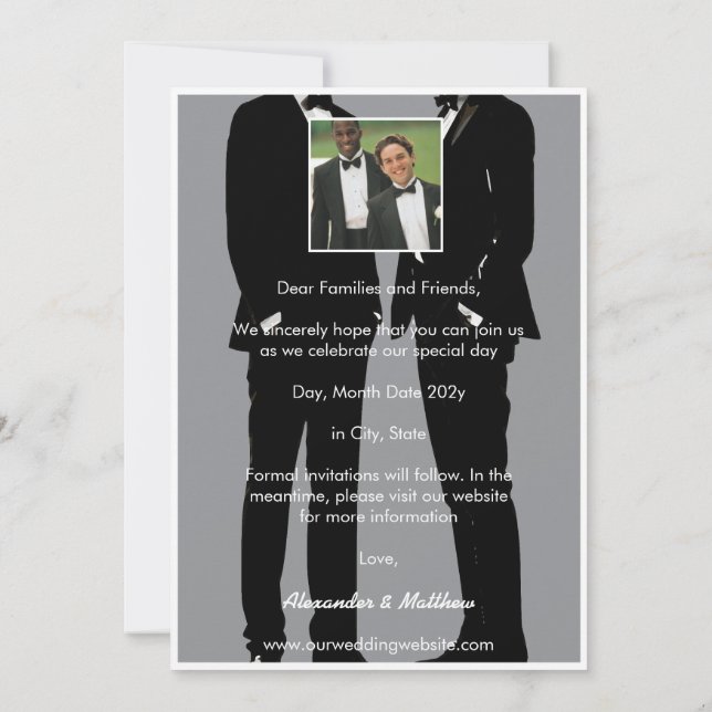 Elegant Modern Gay Men Wedding Save The Date (Back)