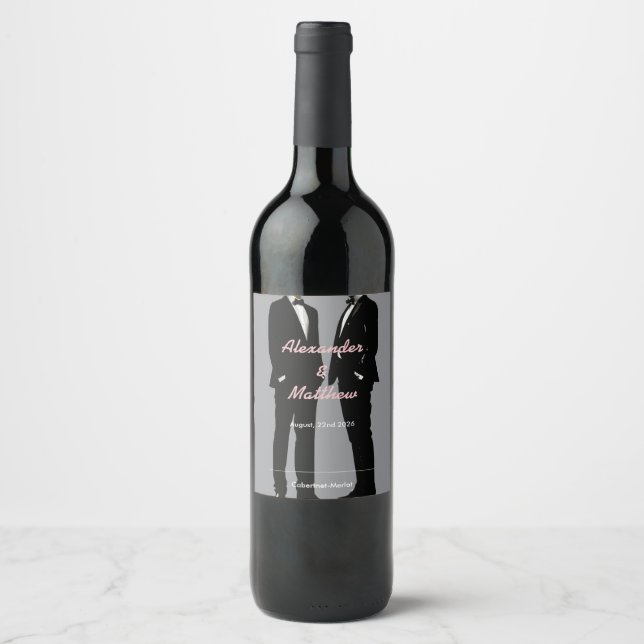Elegant Modern Gay Men Wedding Wine Label (Front)