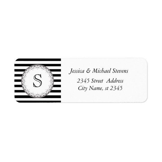 Elegant modern gentle black white stripes monogram label (Front)