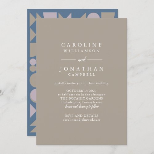 Elegant Modern Geometric Blue Taupe Lilac Wedding Invitation