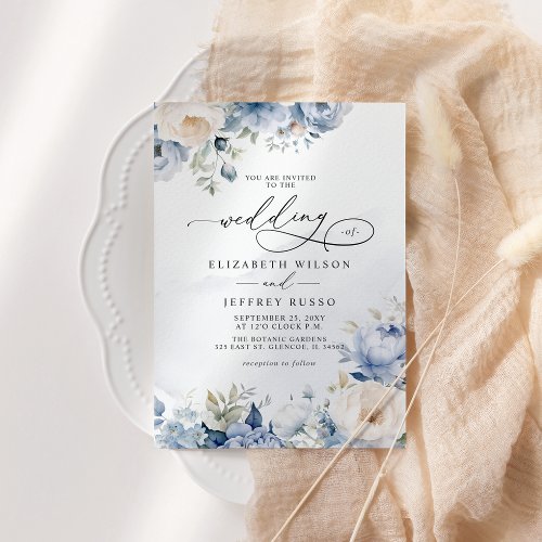 Elegant Modern Geometric Dusty Blue Floral Wedding Invitation