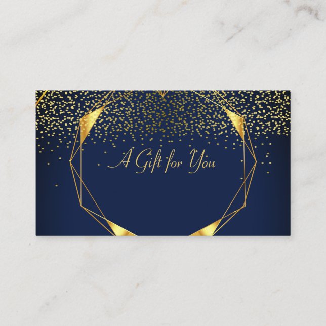 Elegant Modern Geometric Gold Lines, Confetti Blue Discount Card (Front)