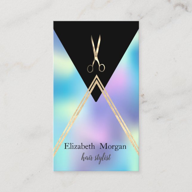 Elegant Modern Geometric Holographic Gold Scissors Business Card (Front)