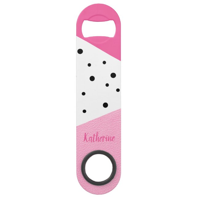 Elegant modern geometric pink leather black dots speed bottle opener (Front)