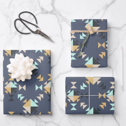 Elegant Modern Geometric Quilt Pattern Navy Blue Wrapping Paper Sheets