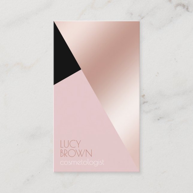 Elegant modern geometric rose gold cosmetologist business card (Front)
