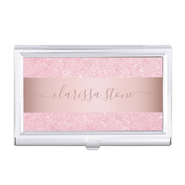 Elegant modern geometric rose gold glitter business card case (Front)