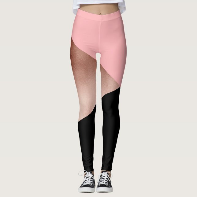 elegant modern geometric rose gold pink black leggings (Front)