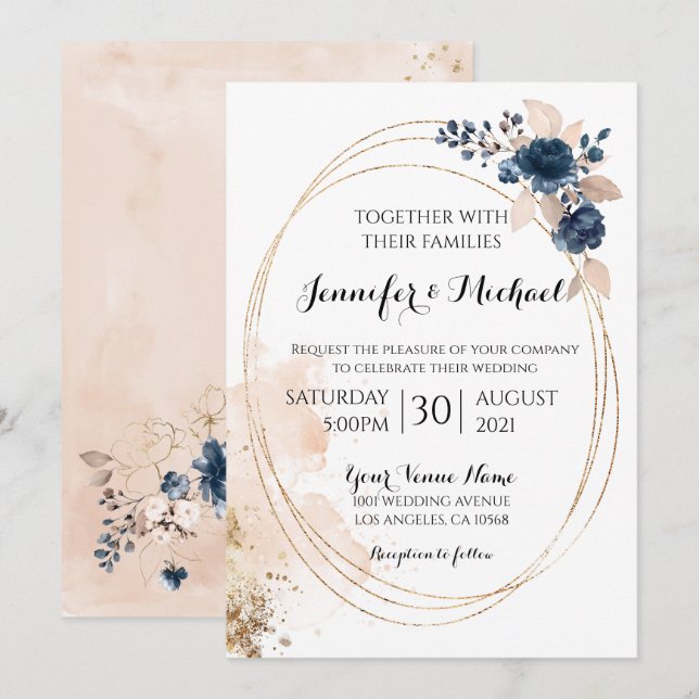 Elegant Modern Geometric Round Gold Frame Floral Invitation (Front/Back)