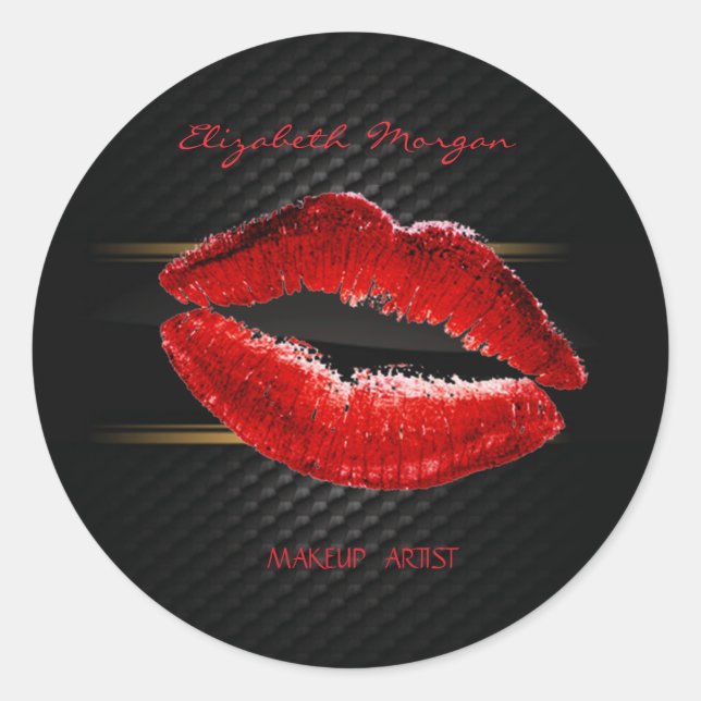 Elegant Modern  Girly,Glittery Red Lips,Black Classic Round Sticker (Front)