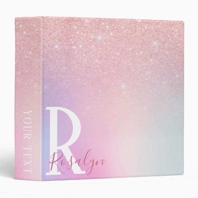 Elegant modern girly ombre pink rose gold glitter 3 ring binder (Front/Spine)