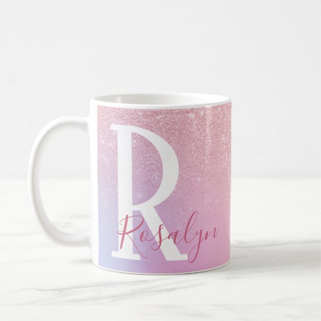 Elegant modern girly ombre pink rose gold glitter coffee mug (Left)