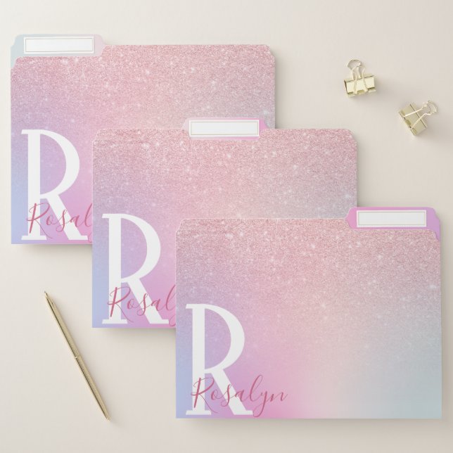Elegant modern girly ombre pink rose gold glitter file folder (Set)