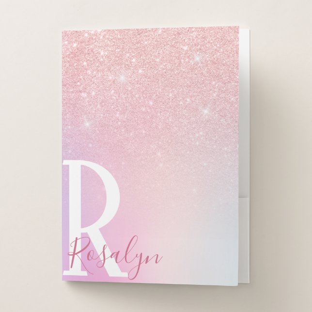 Elegant modern girly ombre pink rose gold glitter pocket folder (Front)