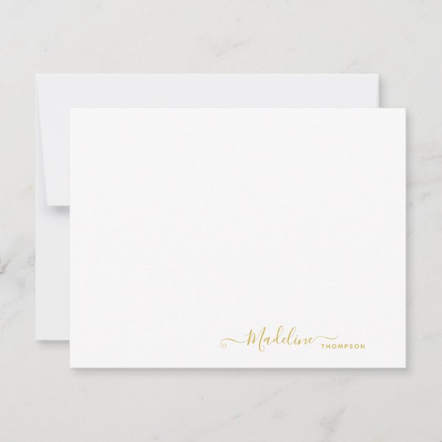 Elegant Modern Girly Script Metallic Gold Note Card (Front)