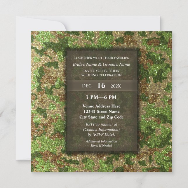 Elegant Modern Glitter Camouflage Military Wedding Invitation (Front)