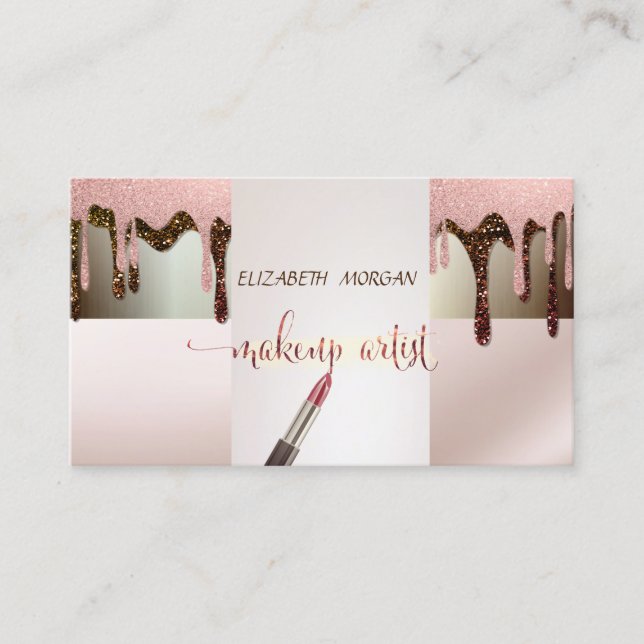 Elegant Modern Glitter Drops, Lipstick, Makeup Business Card (Front)