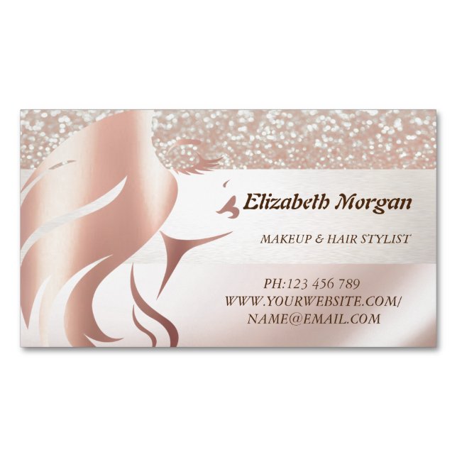 Elegant  Modern Glitter, Girl Face Silhouette Business Card Magnet (Front)