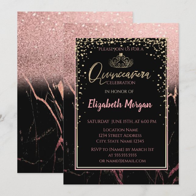 Elegant Modern Glitter Gold Tiara, Marble Invitation (Front/Back)