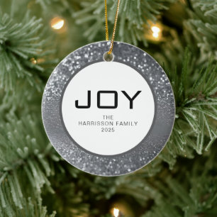 Elegant Modern Glitter Joy Christmas Family Photo Ceramic Ornament