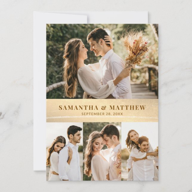 Elegant Modern Gold 4 Photo Wedding Thank You Card (Front)