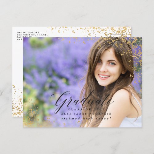 Elegant modern gold abstract speckled graduation a announcement postcard