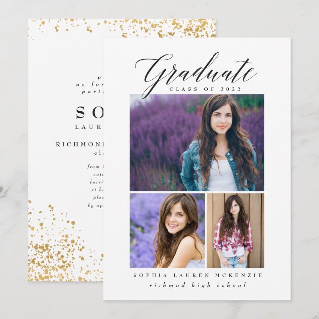 Elegant modern gold abstract speckled graduation invitation (Front/Back)