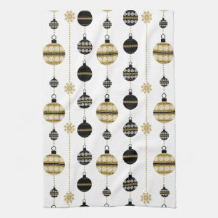 Elegant Modern Gold and Black Christmas Ornaments Kitchen Towel