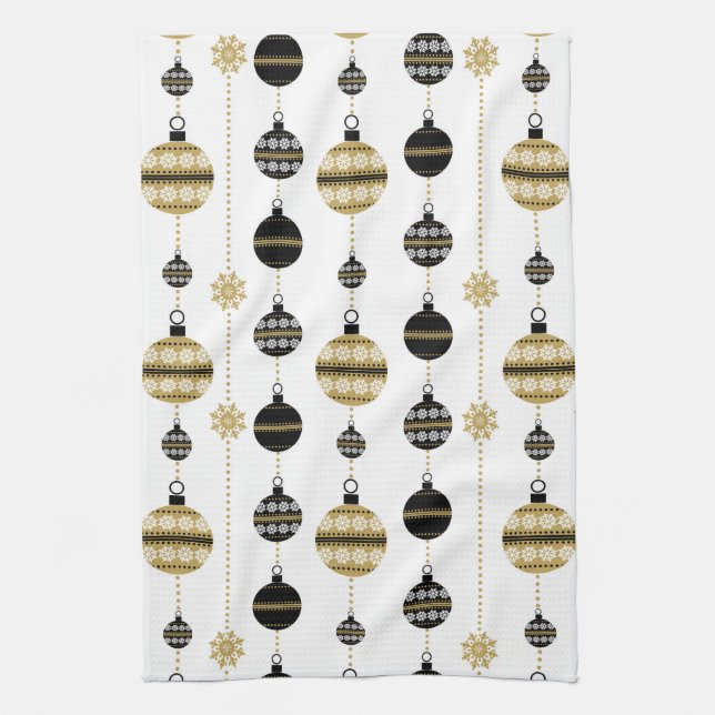 Elegant Modern Gold and Black Christmas Ornaments Kitchen Towel (Vertical)