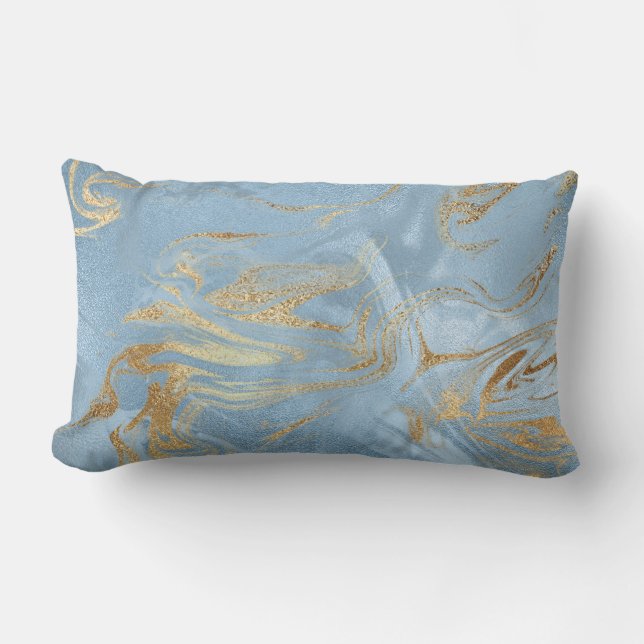 Elegant modern gold and blue marble look lumbar pillow (Front)