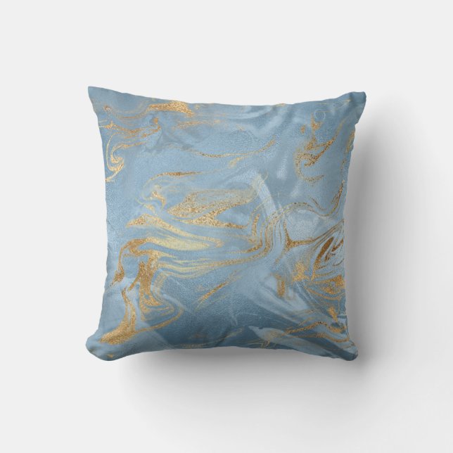 Elegant modern gold and blue marble look throw pillow (Front)