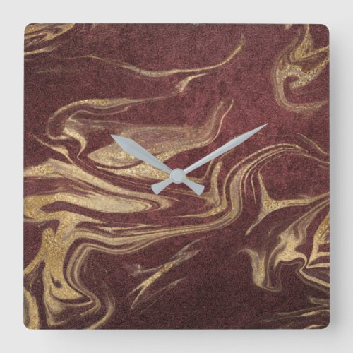 Elegant modern gold and burgundy marble look square wall clock