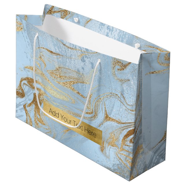 Elegant modern gold and light blue marble glitter large gift bag (Front Angled)