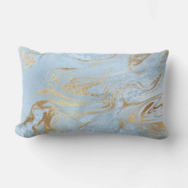 Elegant modern gold and light blue marble glitter lumbar pillow (Front)