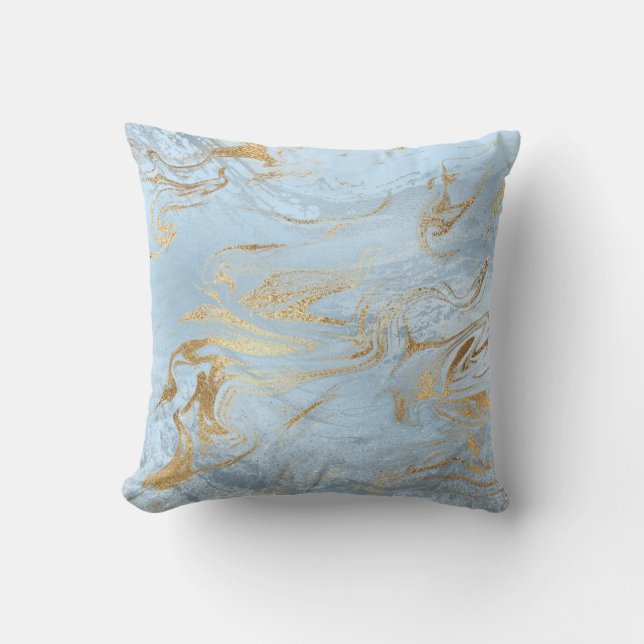 Elegant modern gold and light blue marble glitter throw pillow (Front)