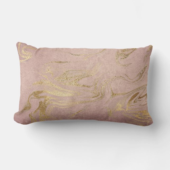 Elegant modern gold and rose gold marble look lumbar pillow (Front)