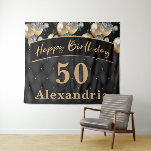 Elegant Modern Gold Black Birthday Party Tapestry