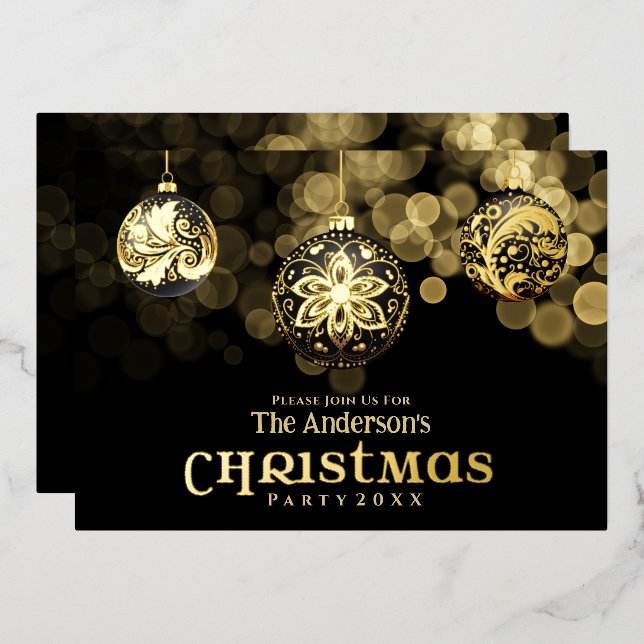 Elegant Modern Gold Black Family Christmas Party Foil Invitation (Front/Back)