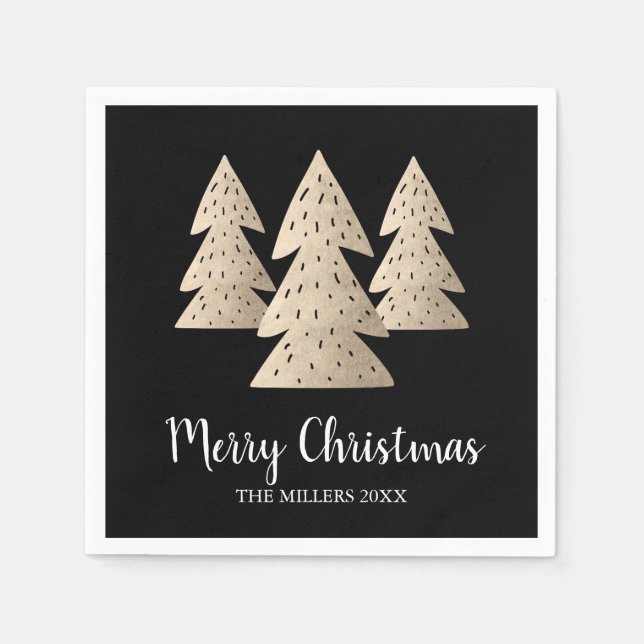 Elegant modern gold & black Merry Christmas tree Napkins (Front)