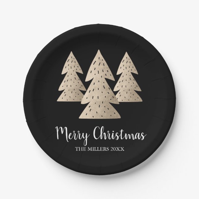 Elegant modern gold & black Merry Christmas tree Paper Plates (Front)