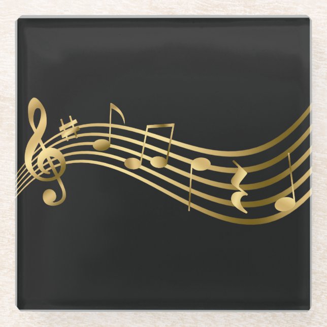 Elegant Modern Gold&Black Music Notes  Glass Coaster (Front)