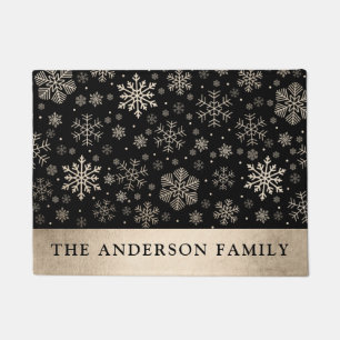 Elegant Modern Gold & Black Snowflakes Christmas Doormat