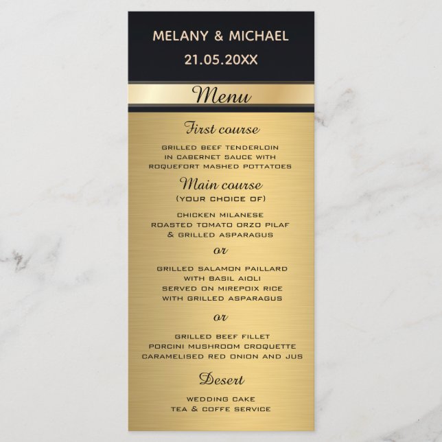 Elegant modern gold/black wedding menu (Front)