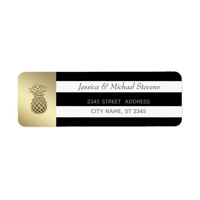 Elegant modern gold black/white stripes pineapple label (Front)