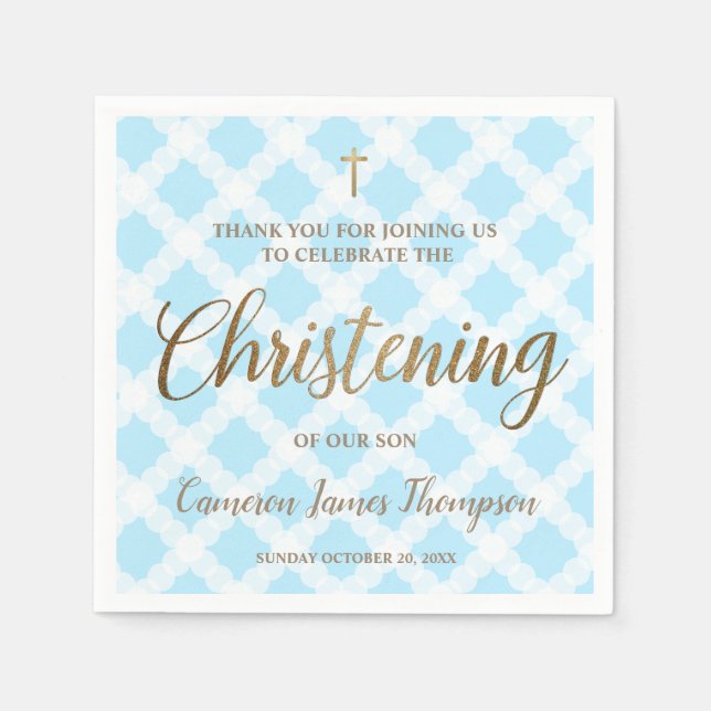 Elegant Modern Gold Blue Boy Christening Napkins (Front)