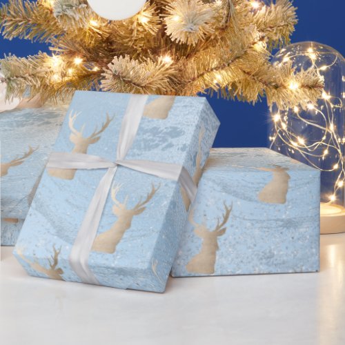 Elegant modern gold  blue Christmas deer pattern Wrapping Paper