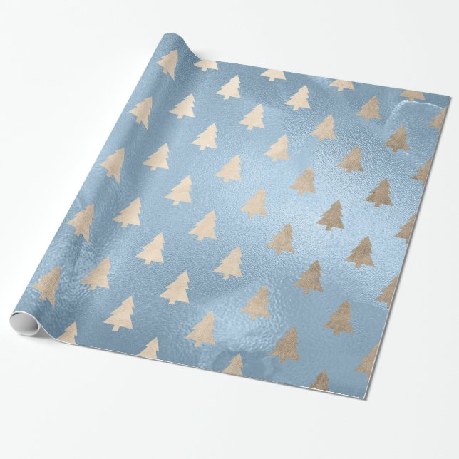 Elegant modern gold & blue Christmas tree pattern Wrapping Paper (Unrolled)