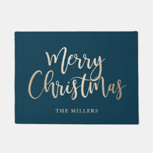 Elegant Modern Gold & Blue Merry Christmas Doormat