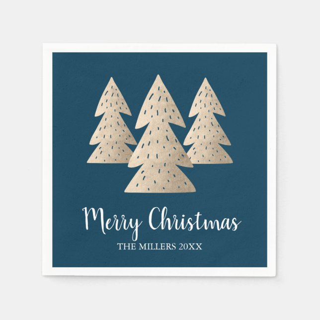 Elegant modern gold & blue Merry Christmas tree Napkins (Front)